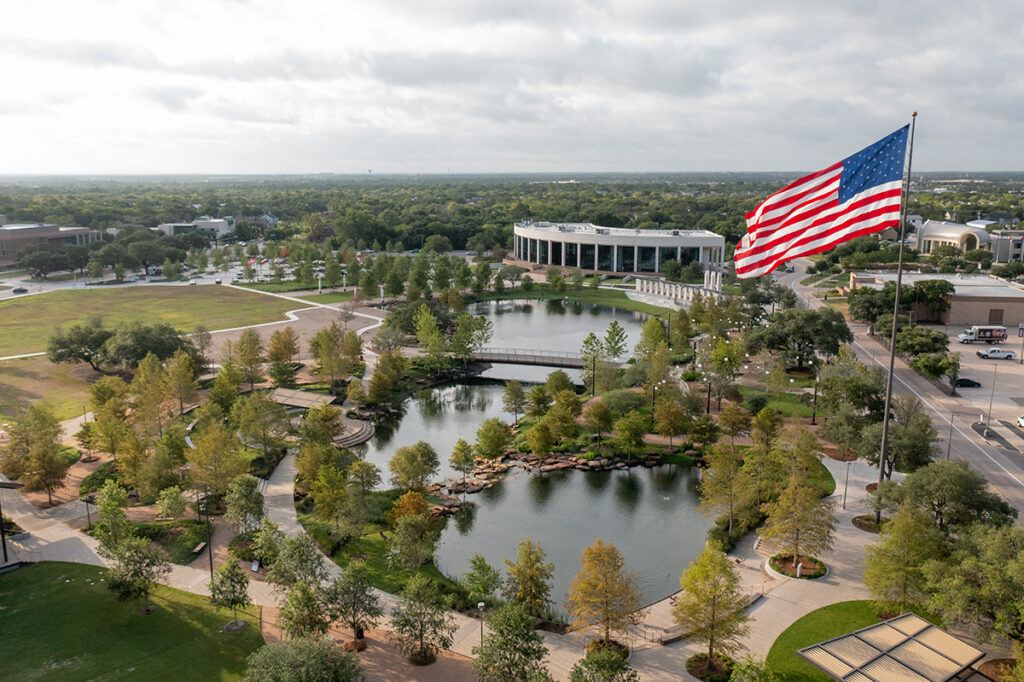 an aerial shot of Aggie Park