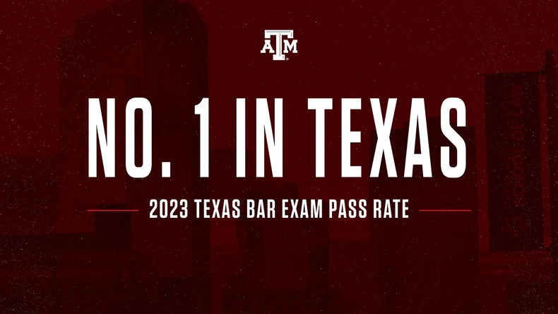 Texas A&M Law Rankings graphic showing that TAMU Law has the number 1 bar pass rate in Texas