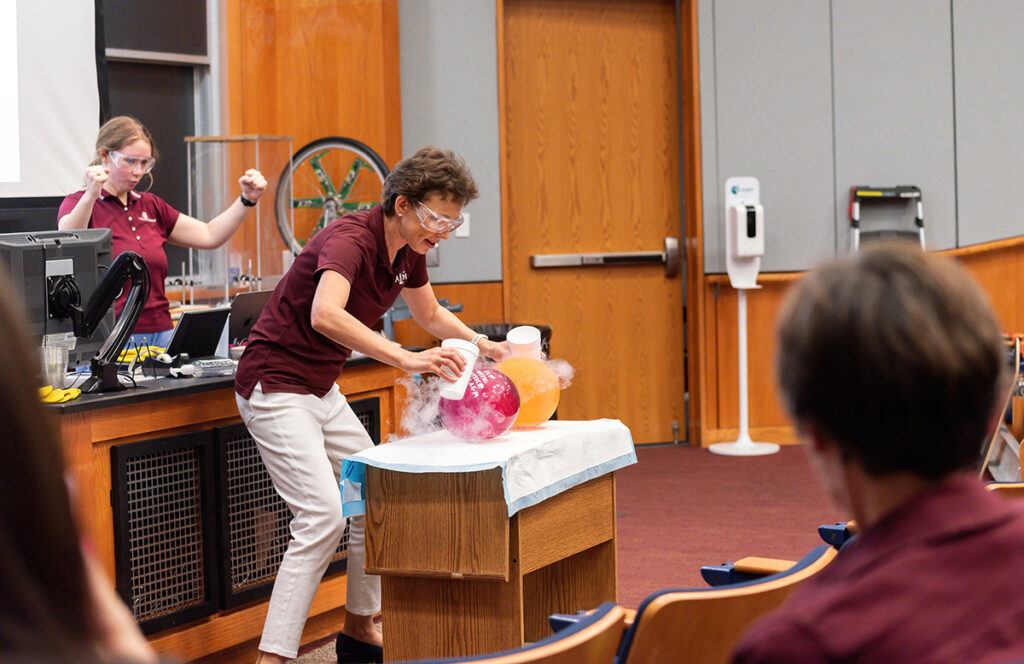 Texas A&M physicist Dr. Tatiana Erukhimova, executing another flawlessly inspiring performance of a customized Physics Show as part of the 2023 Mitchell Institute Physics Enhancement Program for high school physics teachers.