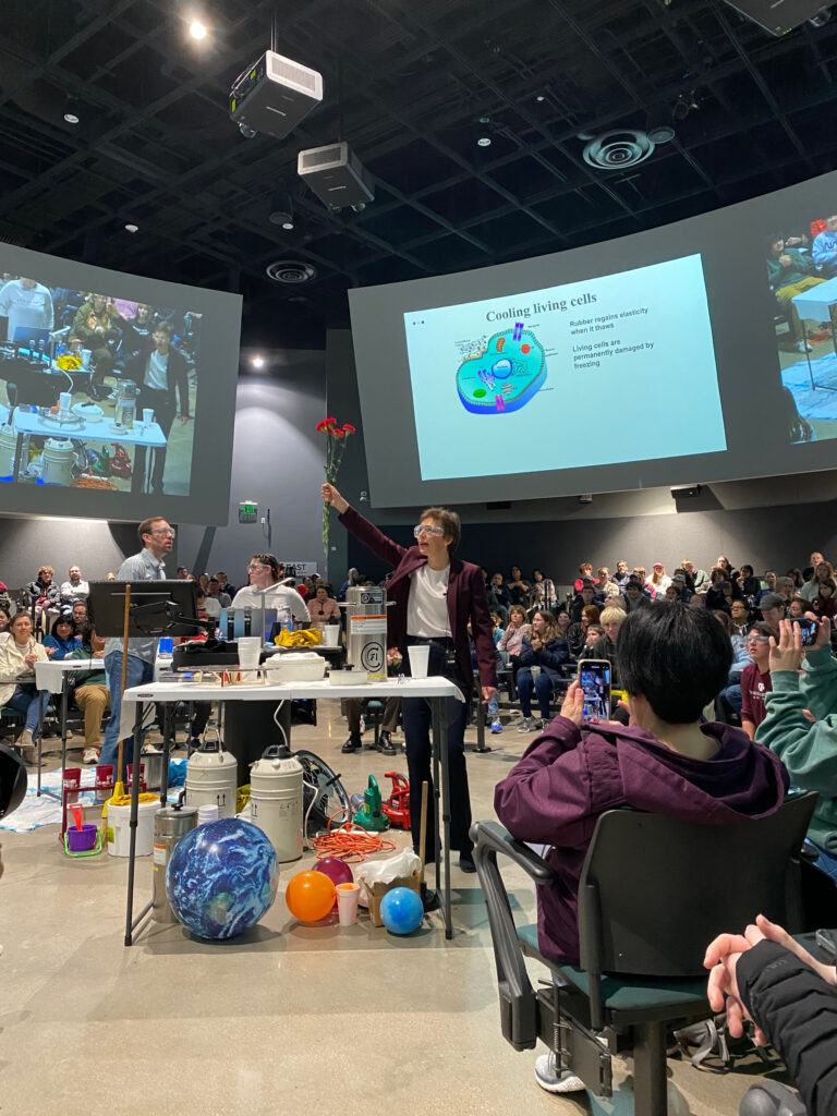 Erukhimova, presenting “Explosive Physics Teaching” in the 600-seat, 360-degree arena of Texas A&M's state-of-the-art Innovative Learning Classroom Building during Aggieland Saturday last February.