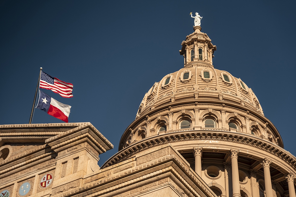 Architectural detail of the Texas State Capitol building in downtown Austin.