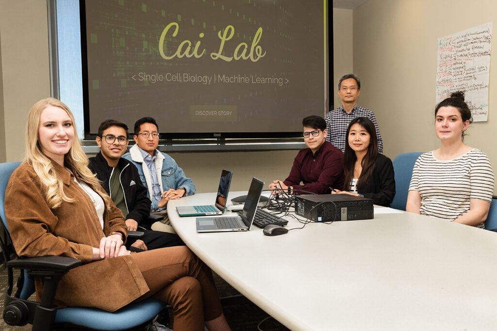 Members of the Cai Lab (l-r): master’s student Victoria Gatlin, doctoral student Shreyan Gupta, doctoral student Cristhian Roman Vicharra, postdoctoral researcher Dr. Selim Romero Gonzalez, Dr. James Cai, doctoral student Qian Xu, and master’s student Amy Barrett.