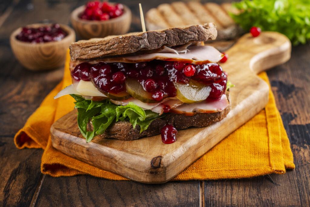 Homemade leftover thanksgiving day sandwich with turkey