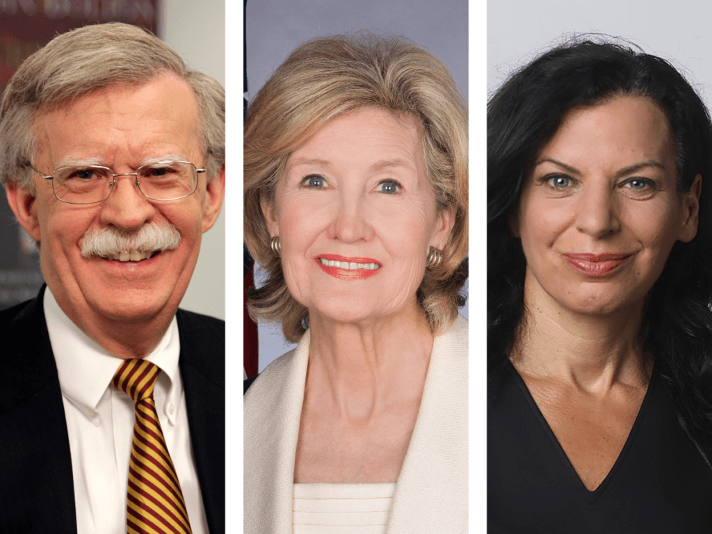 (l-r) Former U.S. National Security Advisor John Bolton, former U.S. Ambassador to NATO Kay Bailey Hutchison, and former Department of Homeland Security Assistant Secretary Juliette Kayyem.