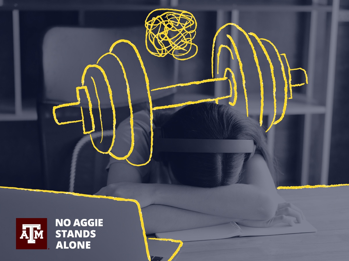 A graphic of a black and white photo with a student sitting at a desk with their head down. A yellow illustration of a weight rests on their shoulders.