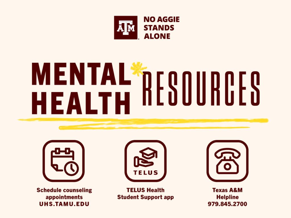 a graphic with the Texas A&M "No Aggie Stands Alone" logo at the top. The title reads "Mental Health Resources." Three boxes at the bottom direct readers to schedule a counseling appointment at uhs.tamu.edu, download the Student Support app, or call HelpLine at 979-845-2700.