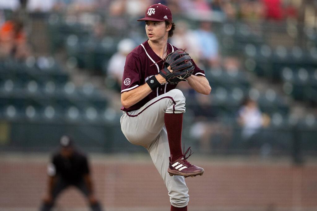 an Aggie baseball pitcher during a game
