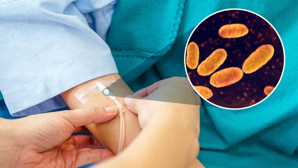 an image of a healthcare worker inserting a catheter into a patient's arm with a closeup image of bacteria