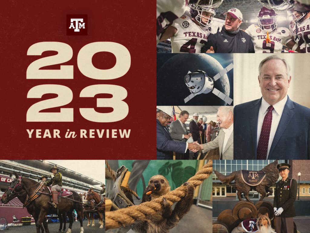 a graphic with the text "2023 year in review" accompanied by the Texas A&M logo and a small photo collage showing scenes such as the Reveille statue unveiling, the Texas A&M Fort Worth groundbreaking, and Parsons Mounted Cavalry riding through Kyle Field