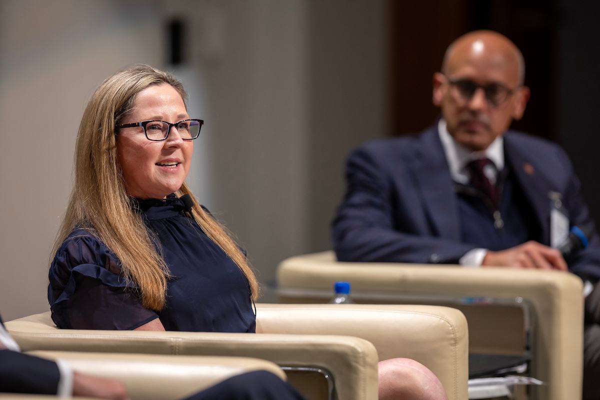 Jennifer McFerrin-Bohner and Tyson Voelkel, president of The Texas A&M Foundation. Voelkel moderated the "Leadership Panel: Investing in Our University and Texas."