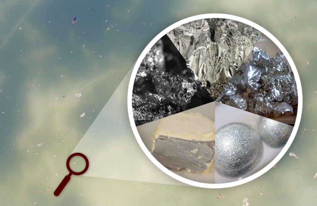 An artist's illustration showing a magnified image of water with different types of minerals