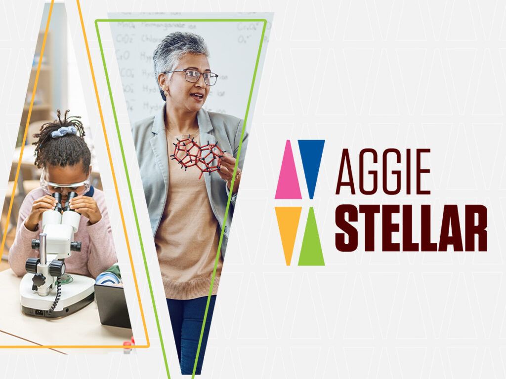 Aggie Stellar Logo to the right of a student looking into a microscope and a teacher explaining the structure of chemicals