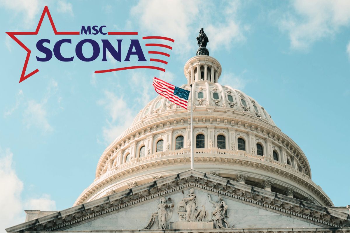 An image of the United States Capitol Dome, with a U.S. flag and the text MSC SCONA.