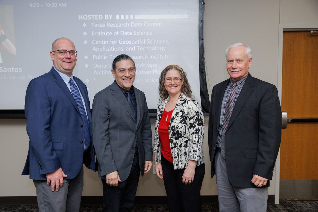 (l-r) Texas A&M Professor of Geography E. Brendan Roark, associate vice president for research, centers and institutes; U.S. Census Bureau Director Robert Santos; Texas A&M Professor of Sociology Mary Campbell, director of the Texas Research Data Center; and Mark Zoran, dean, College of Arts and Sciences