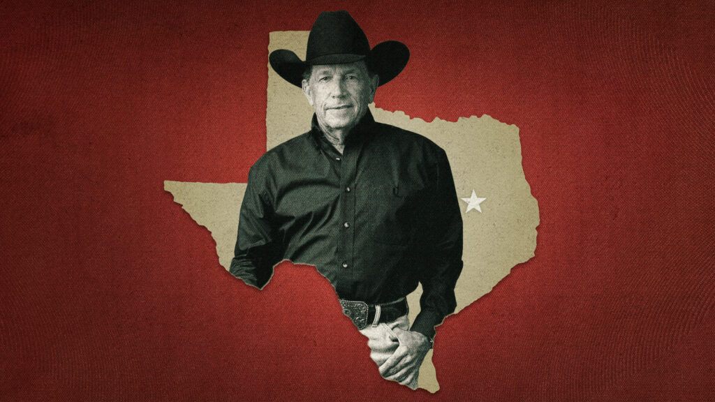 A black and white photo of George Strait inside a cutout of the state of Texas against a maroon background.