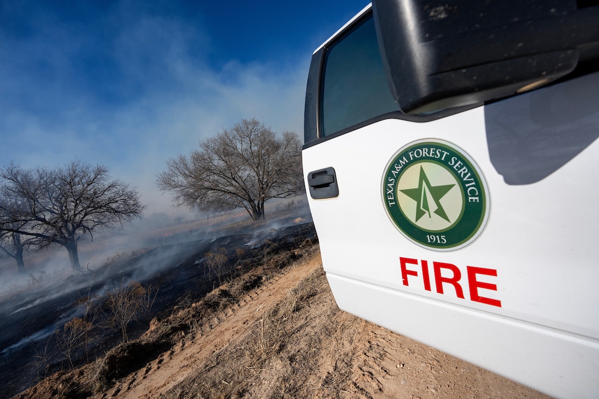 An open door of a truck that says "fire" with the Texas A&M Forest Service logo with a burned, smoking field in the background