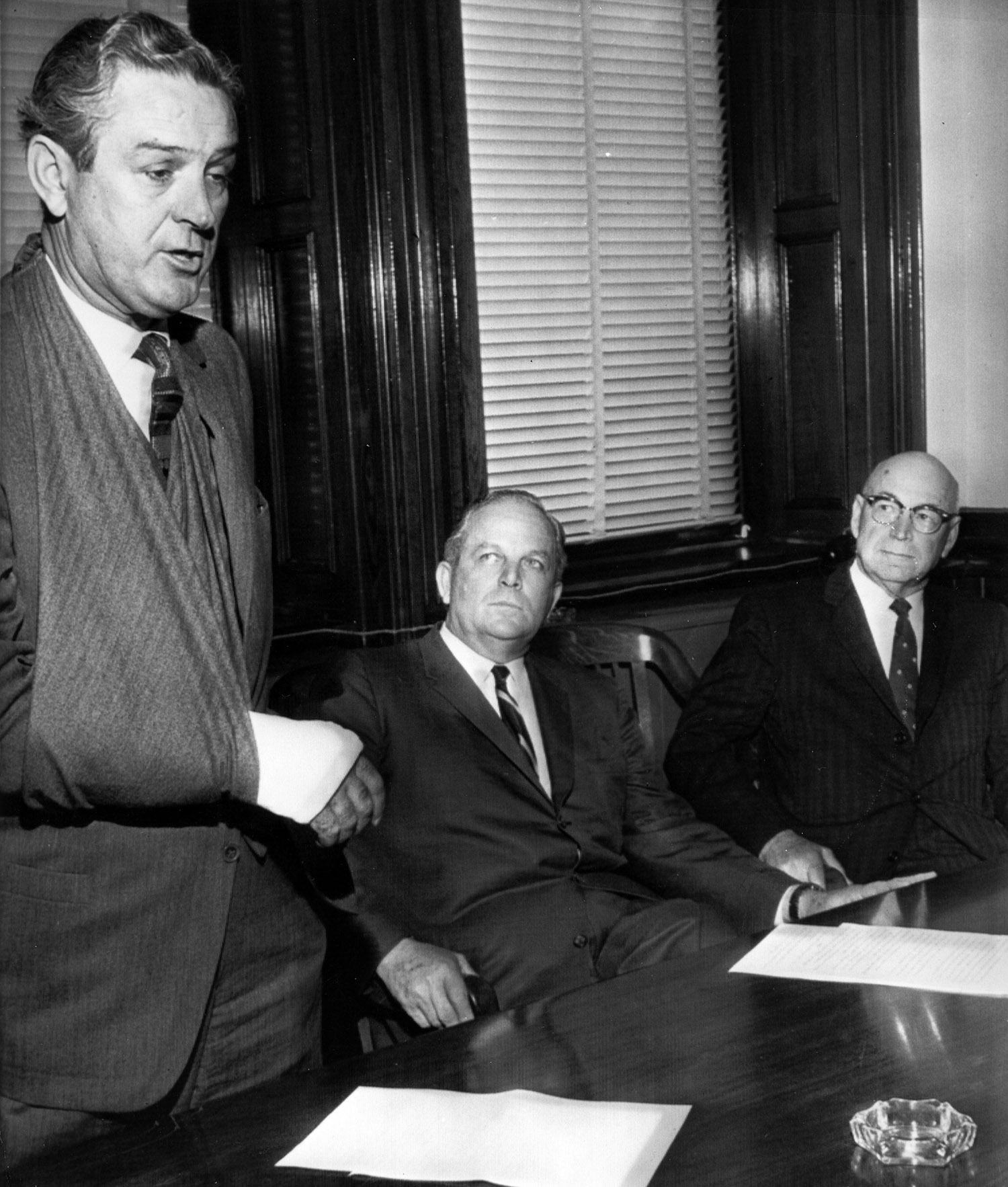(l-r) Texas Gov. John B. Connally, A&M President James Earl Rudder '32 and Texas A&M Board of Trustees President Sterling C. Evans '21