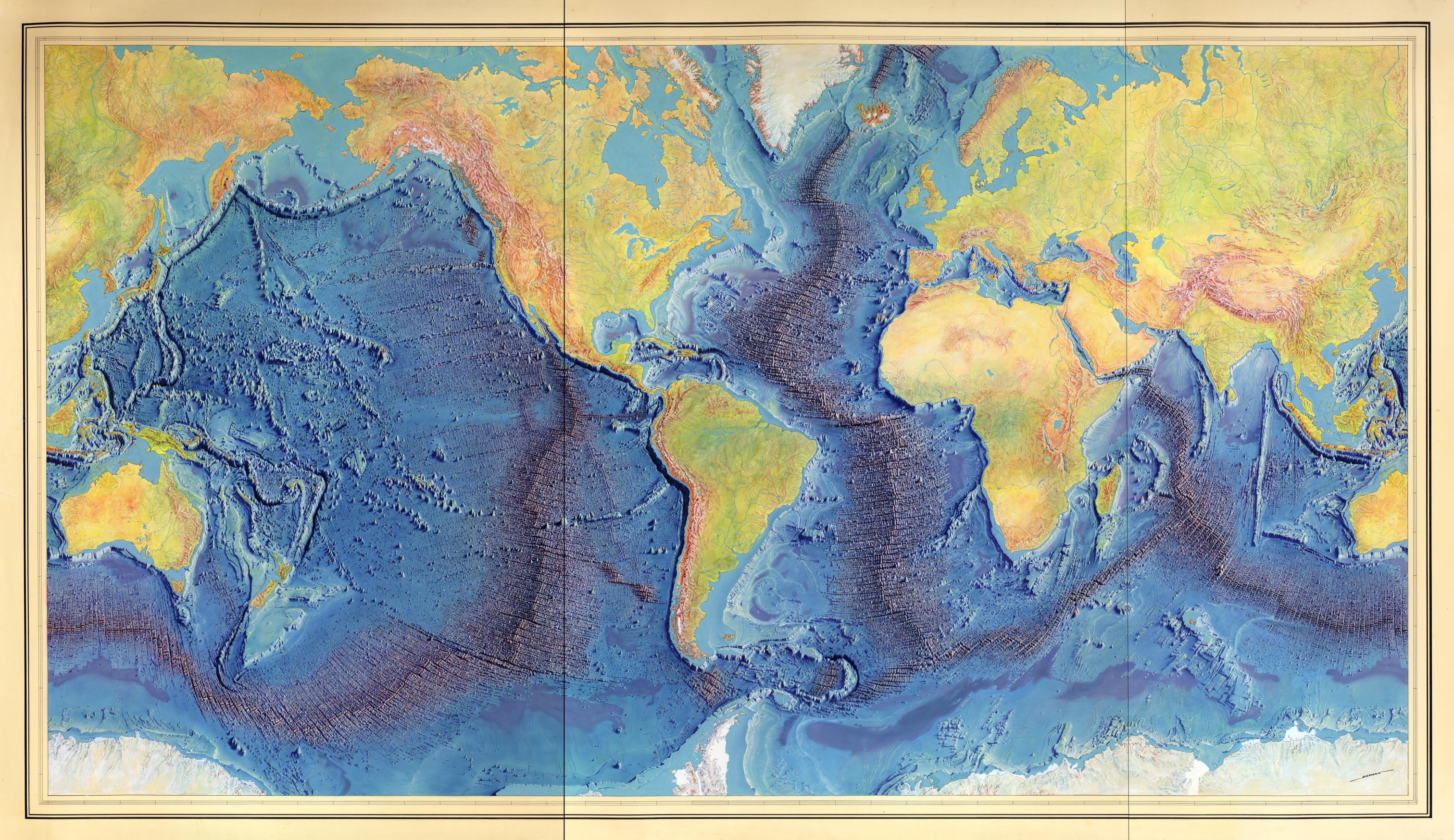 Manuscript painting of Heezen-Tharp "World ocean floor" map by Berann