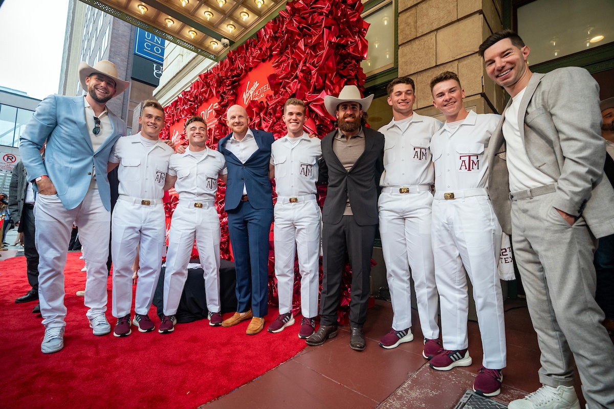 Dude Perfect on the DIFF red carpet with the Texas A&M Yell Leaders