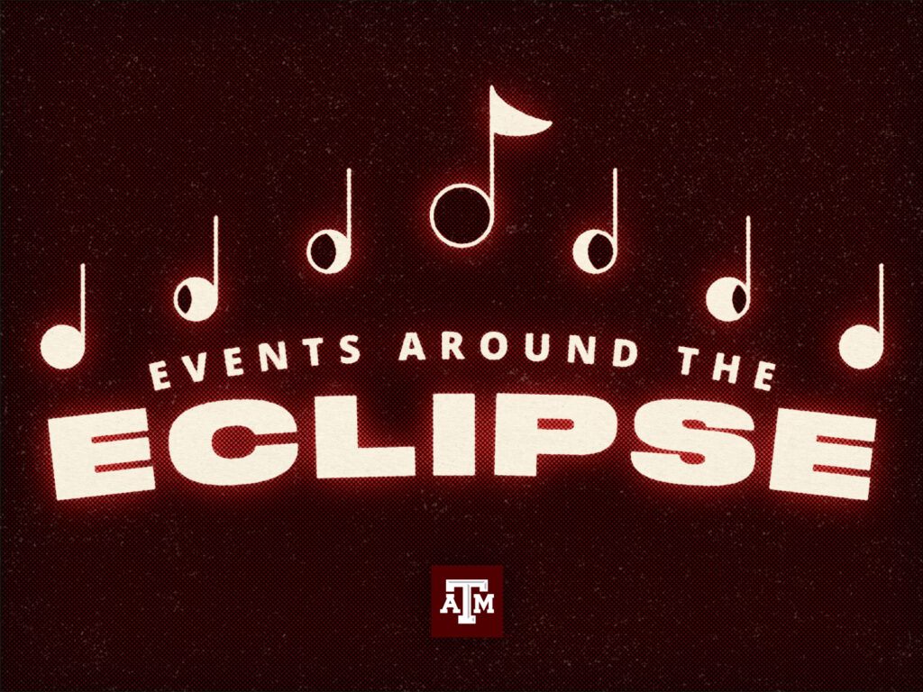 A maroon graphic with text reading "events around the eclipse" with musical notes representing the moon passing in front of the sun.