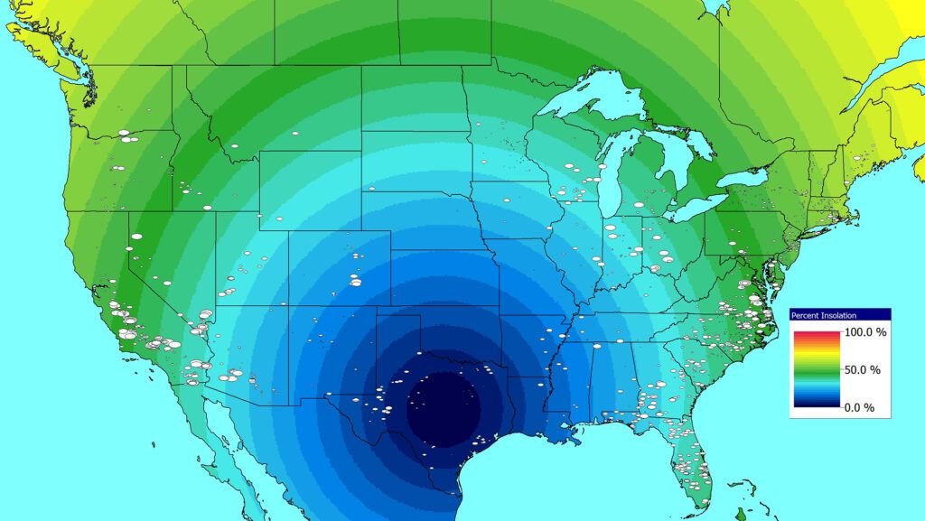 A map of the United States depicting solar output and sunlight during the eclipse.