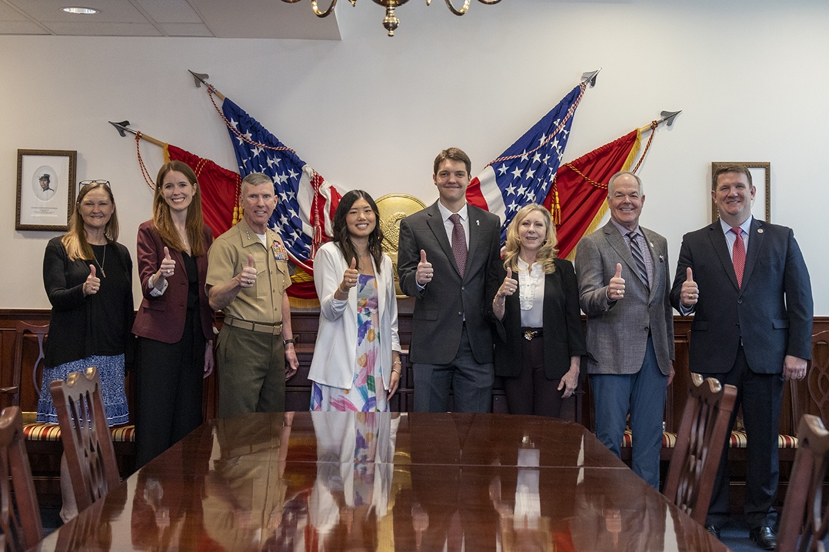 "All the Aggies in the room" (l-r): Lee Thornton's Aunt Diana Thornton Frederick; Texas A&M University System Assistant Vice Chancellor for Federal Relations Valerie Offutt; Gen. Eric Smith; Susan Liu; Lee Thornton, Gen. Smith's wife, Trish Smith; Texas A&M System Regent Randy Brooks; and Texas A&M System Associate Vice Chancellor for Federal Relations Dustin Bryant.
