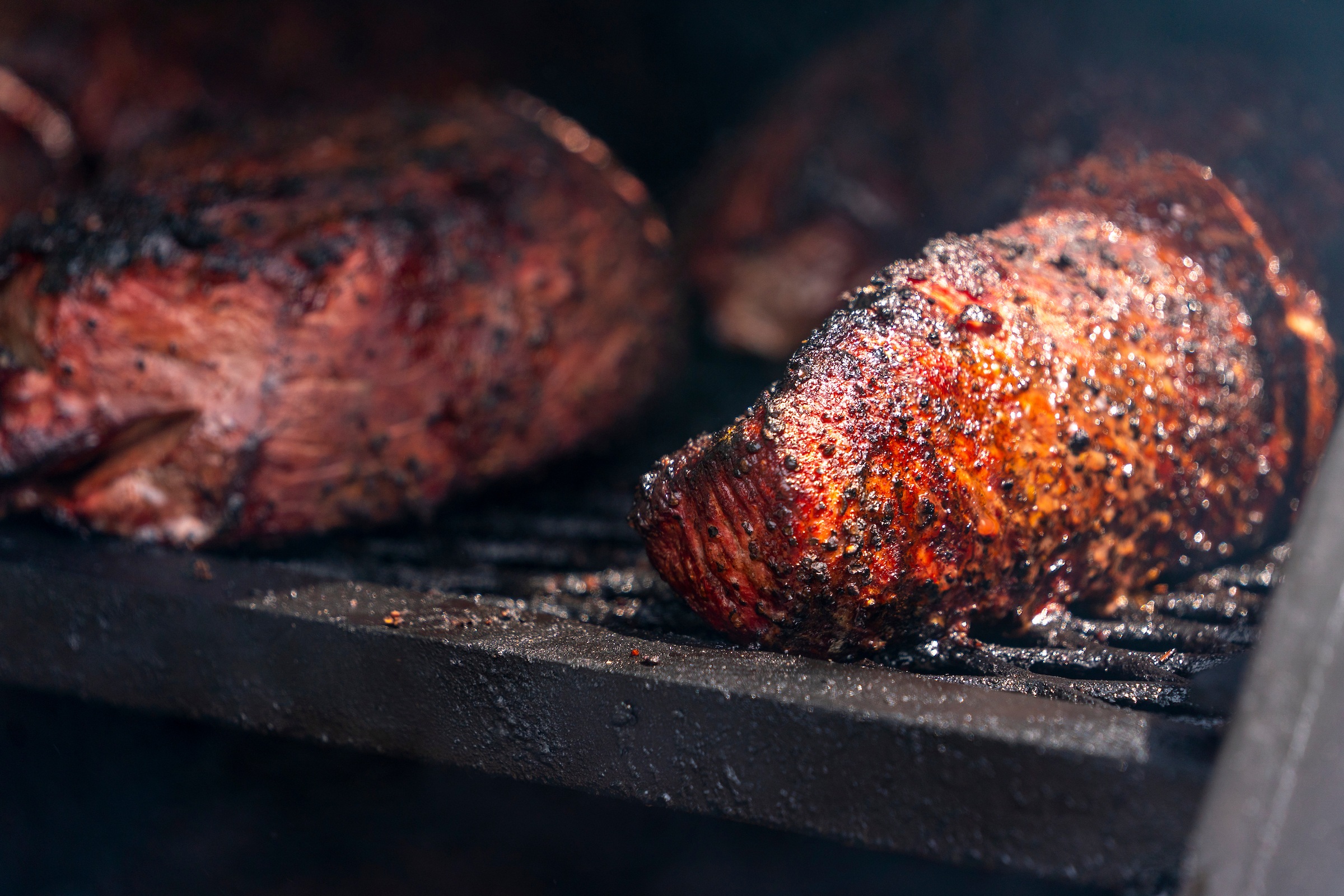 Barbecue inside a smoker.