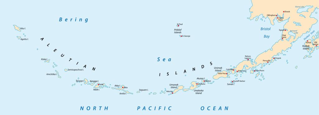 A map showing the Aleutian Islands in the North Pacific Ocean.