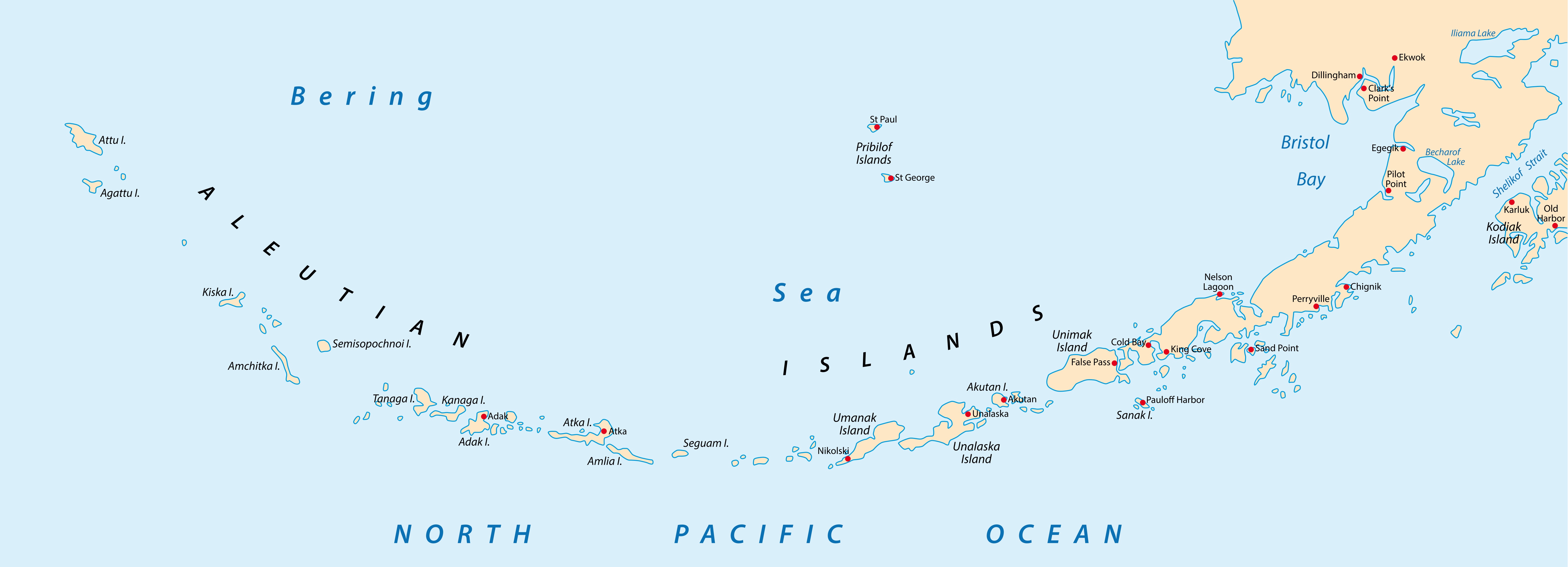 A map showing the Aleutian Islands in the North Pacific Ocean.