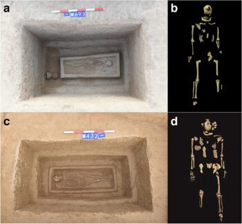 a photo compilation showing two different tombs with coffins and skeletons on the left, and reconstructions of the skeletons on a black background on the right