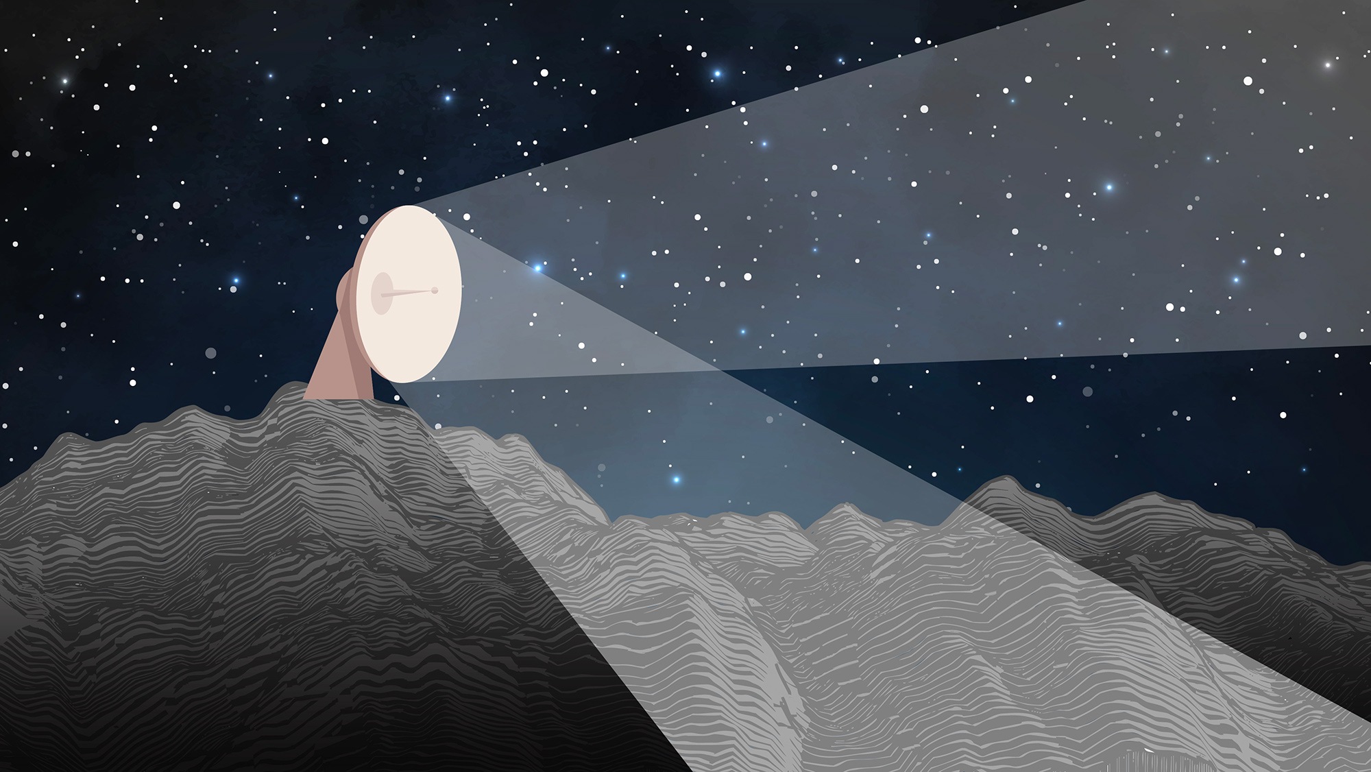 An artist's illustration depicting a satellite-shaped reflector beaming light into a crater