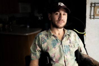 Noland Arbaugh, the first patient to receive a Neuralink, at his home in Yuma, Arizona.