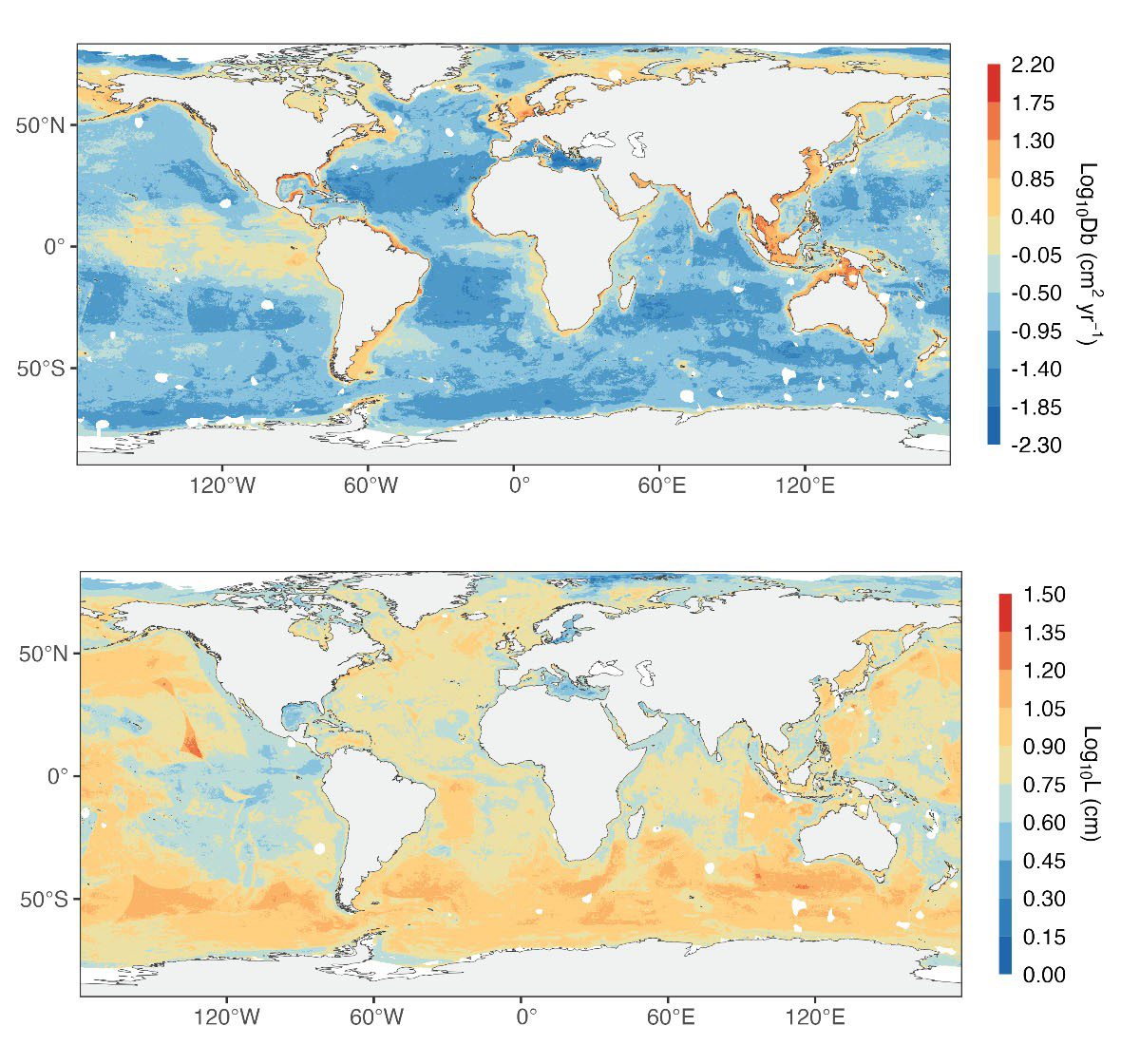 The first global maps of burrowing animal activity in today's oceans, created by Dr. Shuang Zhang and his collaborators using global distribution predictions of the intensity (top) and depth (bottom) of their seafloor-sediment-mixing efforts, as generated by the Random Forest machine-learning model.