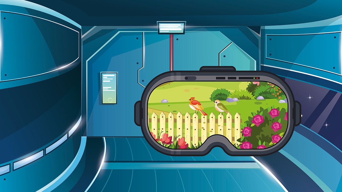 an illustration of a VR headset with a garden scene