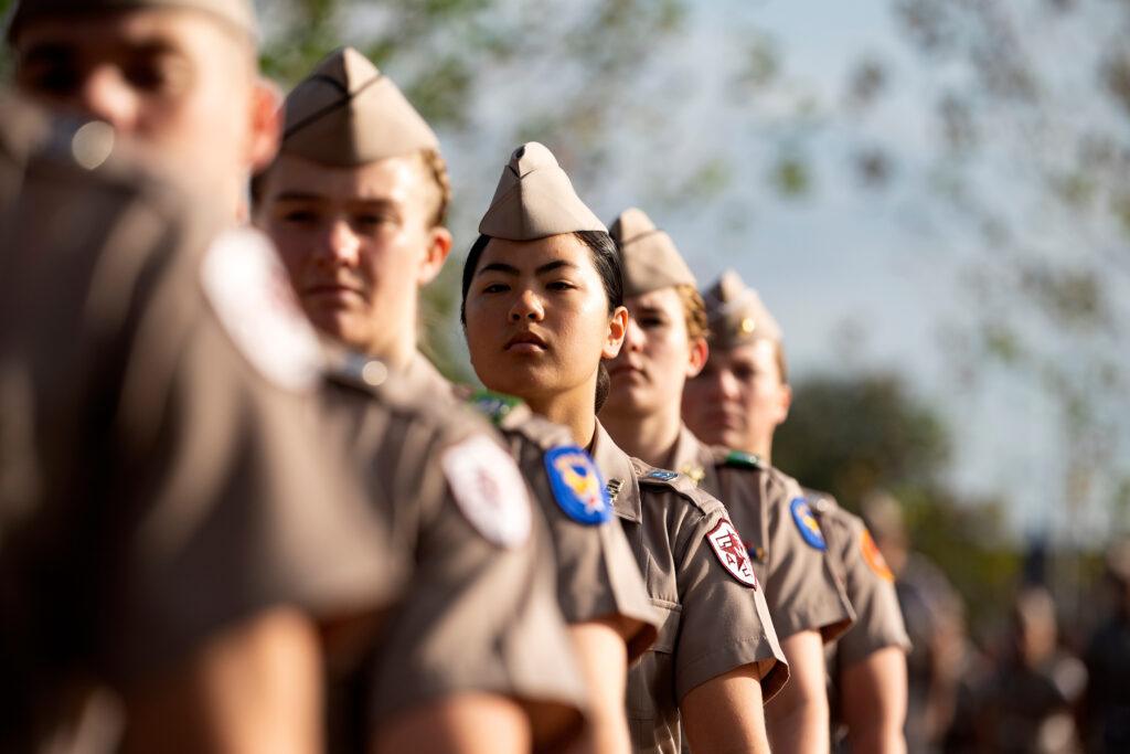 Members of the Texas A&M University Corps of Cadets march through campus prior to a football game in 2022.