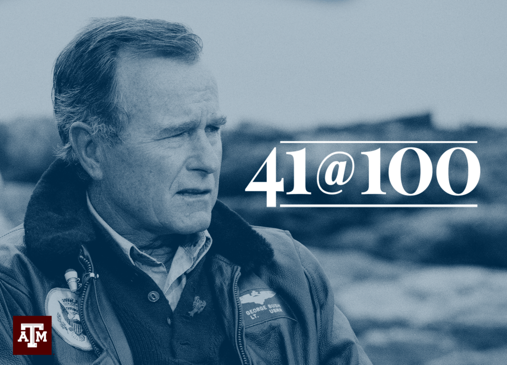 A photograph of George H.W. Bush with overlaid text that reads 41@100