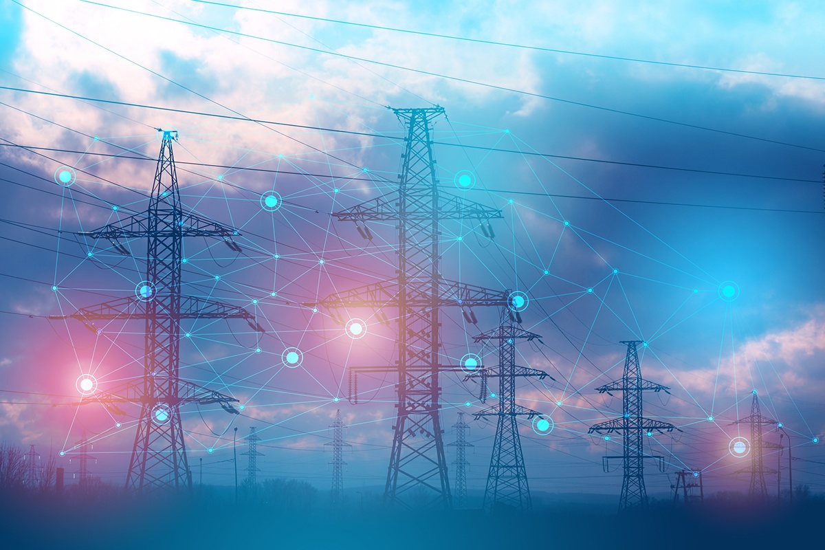 electrical towers with a graphic representation of digital connections between them