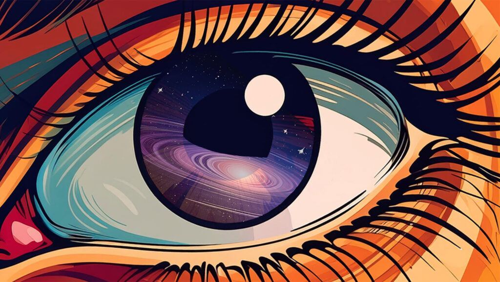 a drawn depiction of an eye with outer space reflected in it