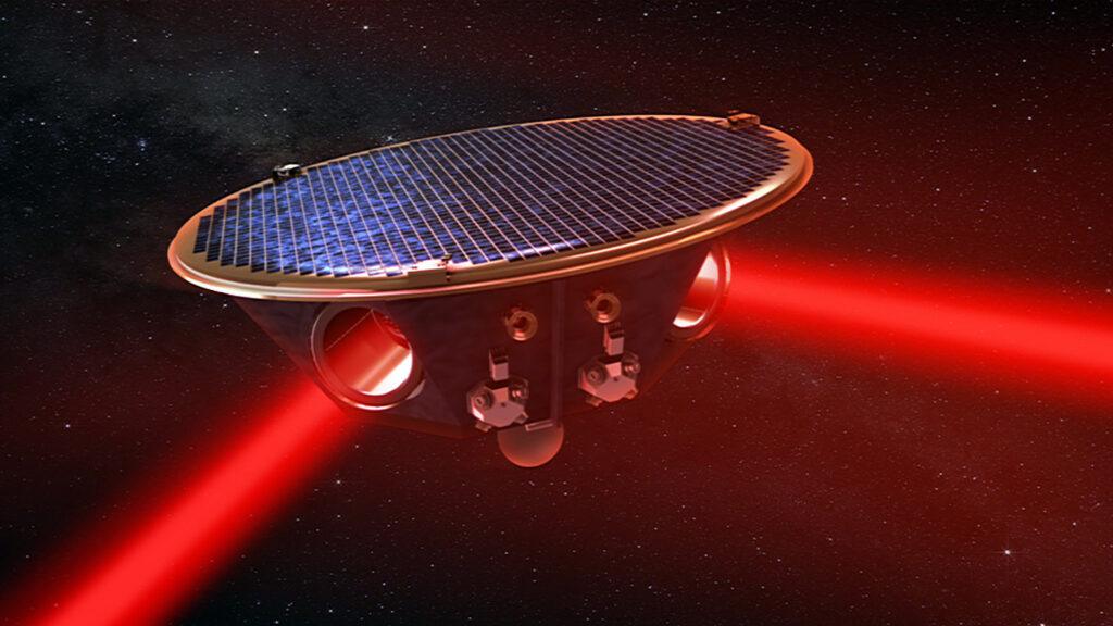 The Laser Interferometer Space Antenna (LISA) mission will detect gravitational waves in space using three spacecraft, separated by more than a million miles and flying in a triangular formation. Lasers fired between the spacecraft, as shown in this artist's concept, will measure how gravitational waves alter their relative distances. A rendering of one of the spacecrafts.