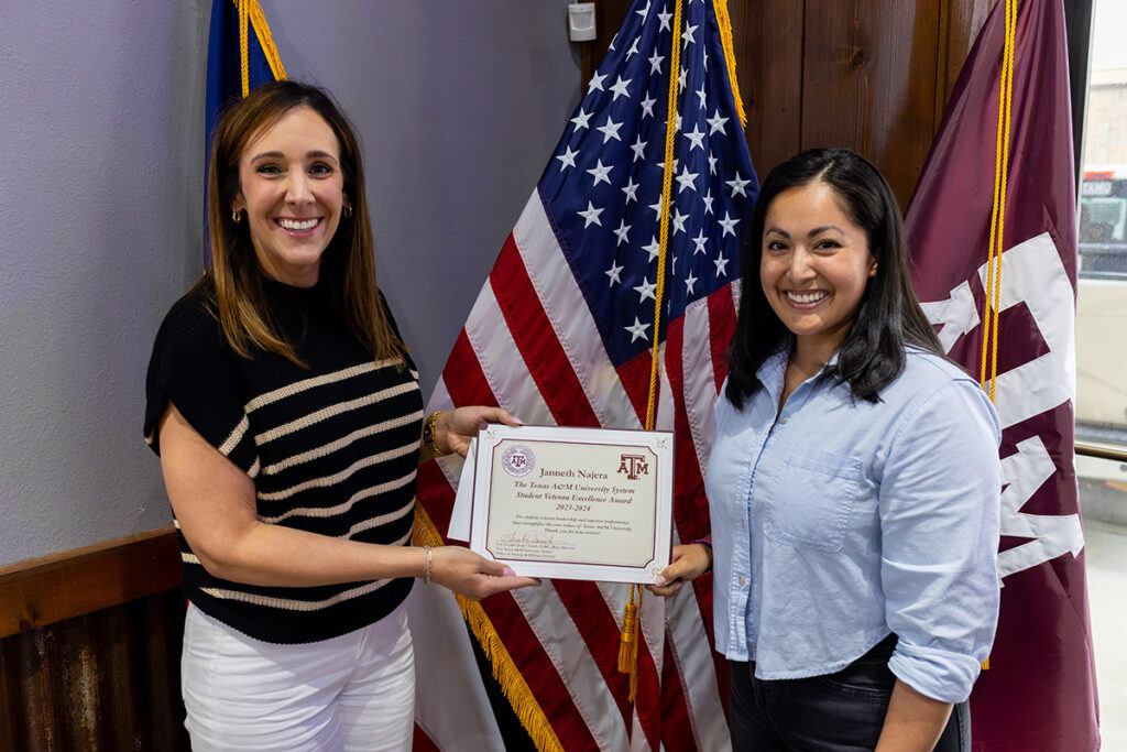 (l-r) Monteigne Long, associate director, Texas A&M System Office of Veteran and Military Services, and awardee Janneth Najera, Bush School graduate student.