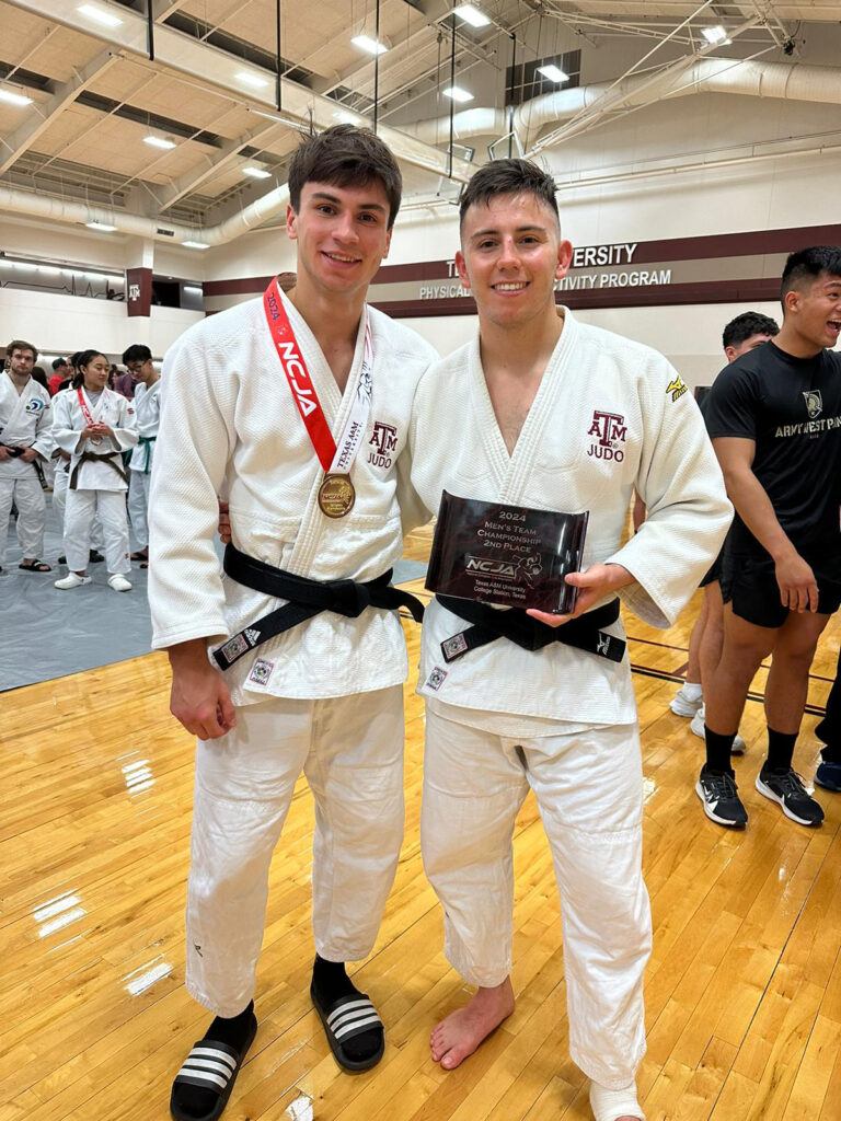 Paolo (left) and Dario, celebrating Texas A&M Judo's second-place finish at the 2024 Collegiate National Championships hosted on the Texas A&M campus.