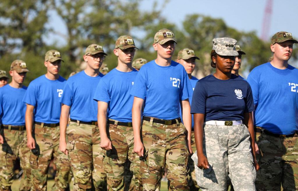 A photo of members of the Corps of Cadets marching in formation during orientation week prior to the start of the school year.