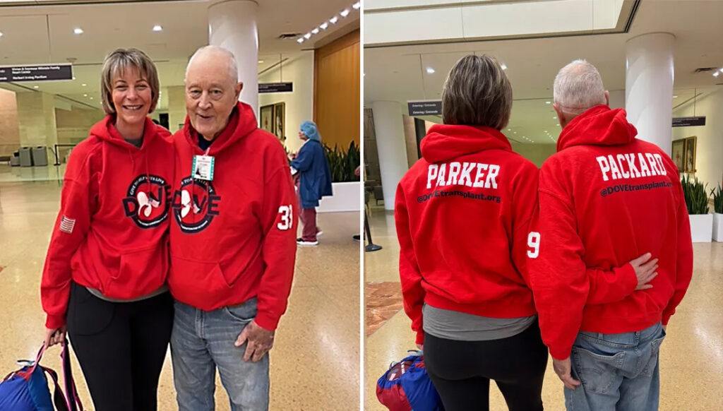 Martha Parker and George Packard wearing matching sweatshirts at the airport.
