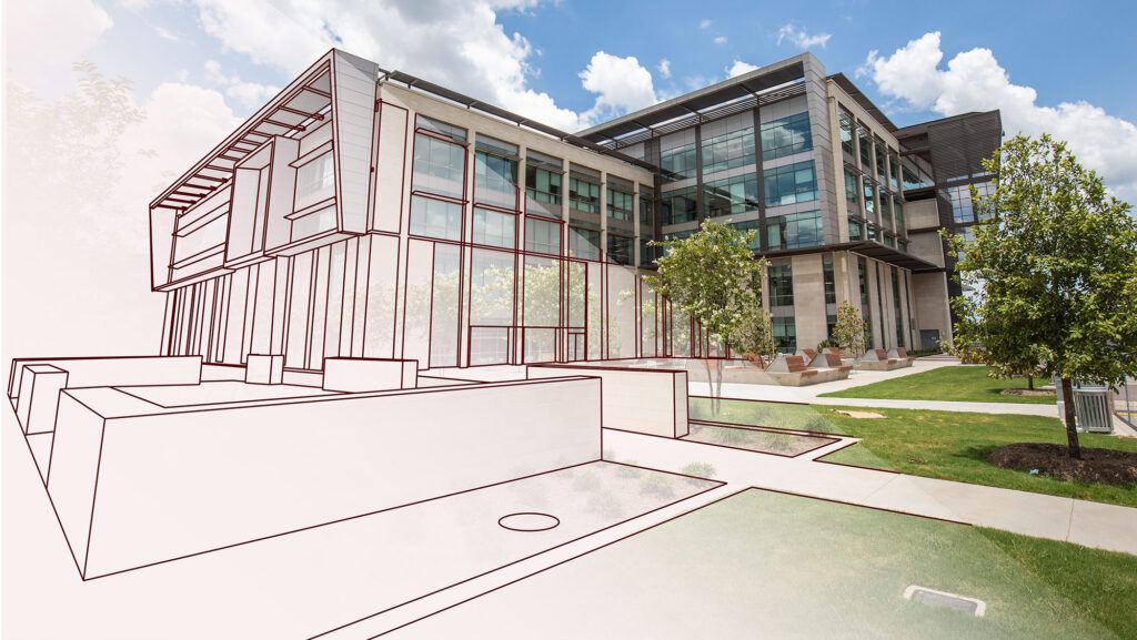 a rendering of a building on campus with a digital half.
