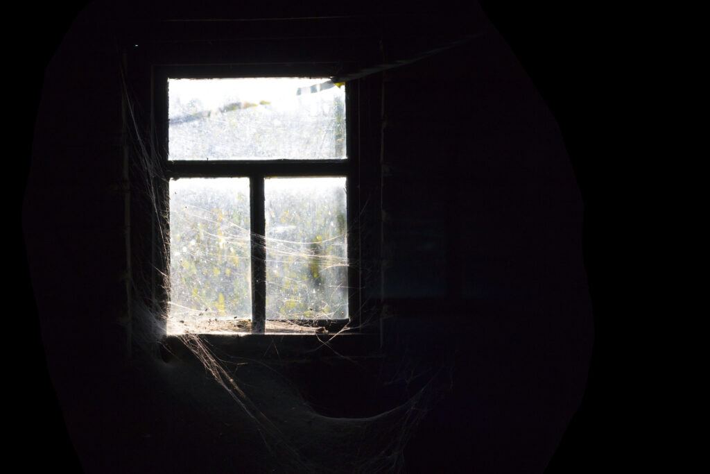 cobwebs around a window in a dark room