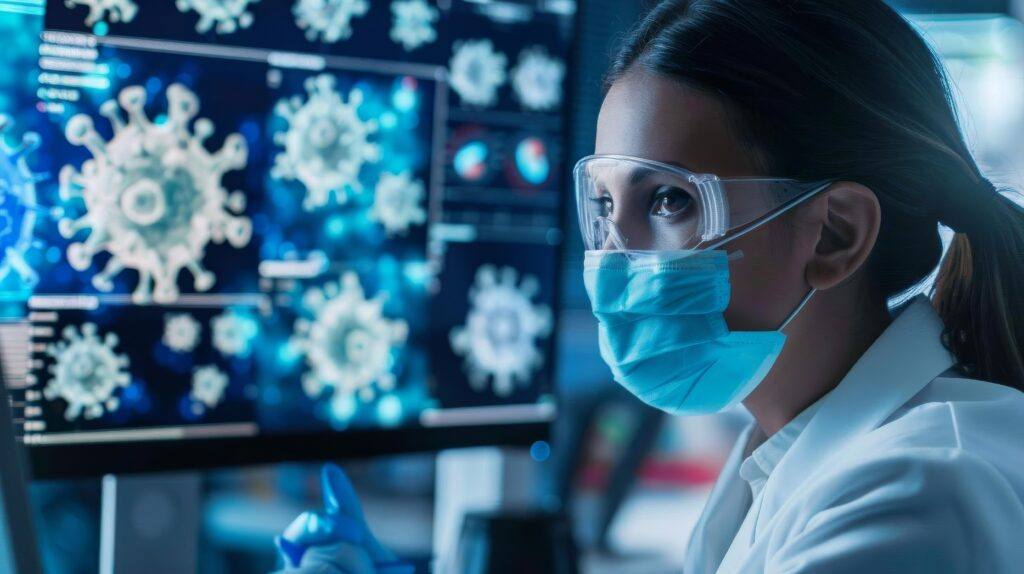A photo of a scientist wearing a mask, goggles and lab coat while looking at images of disease cells.