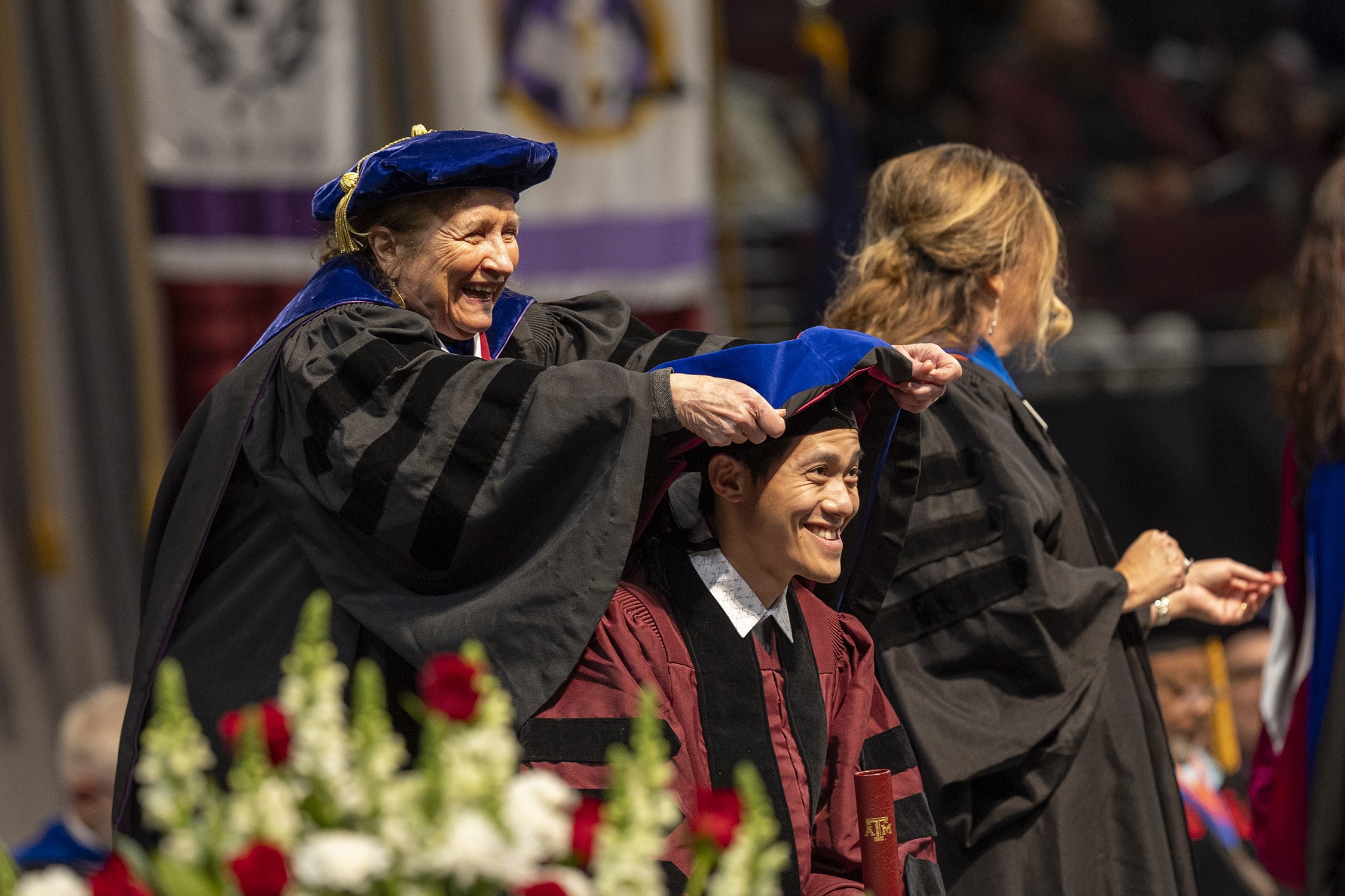 Darensbourg has directed the dissertations of more than 60 students during her four-decade Texas A&M career, including 2023 Texas A&M chemistry Ph.D. graduate Dr. Trung Le, shown here with Darensbourg at his 2023 hooding.