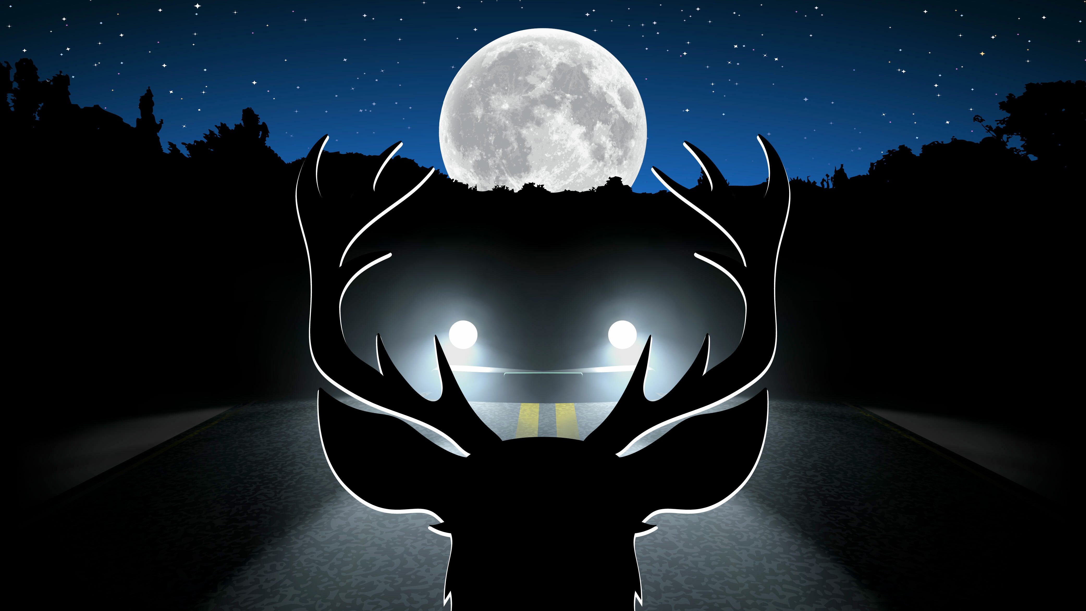 An illustration of a deer in the headlights of a vehicle at night during a full moon.