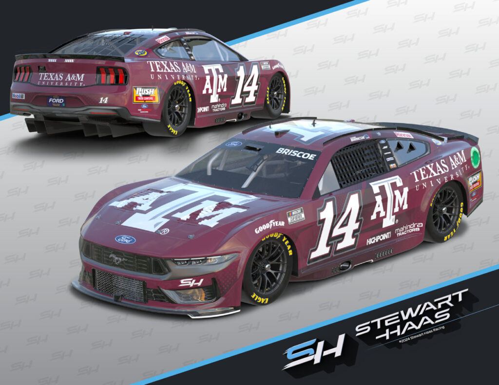A rendering of the Texas A&M University-sponsored No. 14 Ford of Stewart-Haas Racing to be driven by Chase Briscoe at Sunday's South Point 400 at Las Vegas Motor Speedway