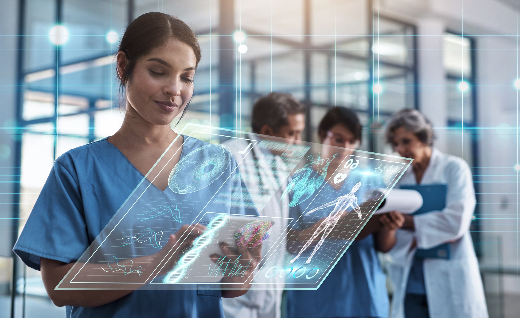 Doctor, woman and tablet in hospital with holographic ux for telehealth, medical innovation and dna study.